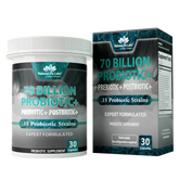 Probiotics 70 Billion CFU – 15 Strains with Organic Prebiotic & Postbiotic – 30 Capsules