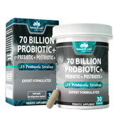 Probiotics 70 Billion CFU – 15 Strains with Organic Prebiotic & Postbiotic – 30 Capsules