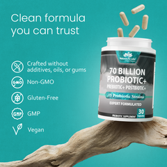 Probiotics 70 Billion CFU – 15 Strains with Organic Prebiotic & Postbiotic – 30 Capsules