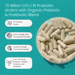 Probiotics 70 Billion CFU – 15 Strains with Organic Prebiotic & Postbiotic – 30 Capsules