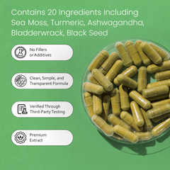 Sea Moss, Black Seed Oil, Bladderwrack, Turmeric, Ashwagandha, Burdock, Vitamin C, D3, Yellow Dock Root, Manuka, Dandelion - 90 capsules