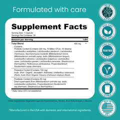 Probiotics 70 Billion CFU – 15 Strains with Organic Prebiotic & Postbiotic – 30 Capsules