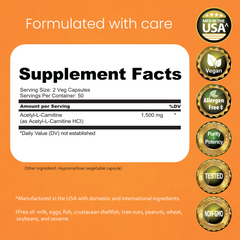 Acetyl L-Carnitine (ALCAR) 1500 mg – 100 Capsules