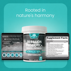 Probiotics 70 Billion CFU – 15 Strains with Organic Prebiotic & Postbiotic – 30 Capsules