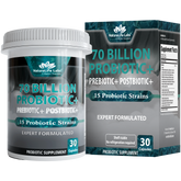 Probiotics 70 Billion CFU – 15 Strains with Organic Prebiotic & Postbiotic – 30 Capsules
