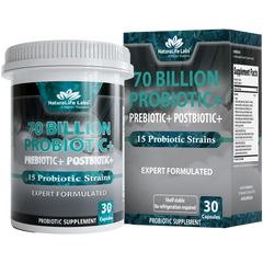 Probiotics 70 Billion CFU – 15 Strains with Organic Prebiotic & Postbiotic – 30 Capsules