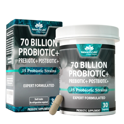 Probiotics 70 Billion CFU – 15 Strains with Organic Prebiotic & Postbiotic – 30 Capsules