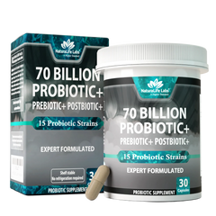 Probiotics 70 Billion CFU – 15 Strains with Organic Prebiotic & Postbiotic – 30 Capsules