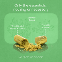 Sea Moss, Black Seed Oil, Bladderwrack, Turmeric, Ashwagandha, Burdock, Vitamin C, D3, Yellow Dock Root, Manuka, Dandelion - 90 capsules