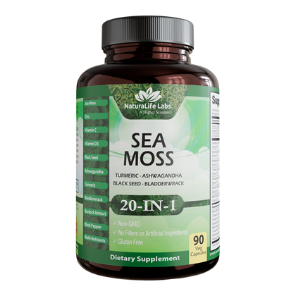 Sea Moss, Black Seed Oil, Bladderwrack, Turmeric, Ashwagandha, Burdock, Vitamin C, D3, Yellow Dock Root, Manuka, Dandelion - 90 capsules